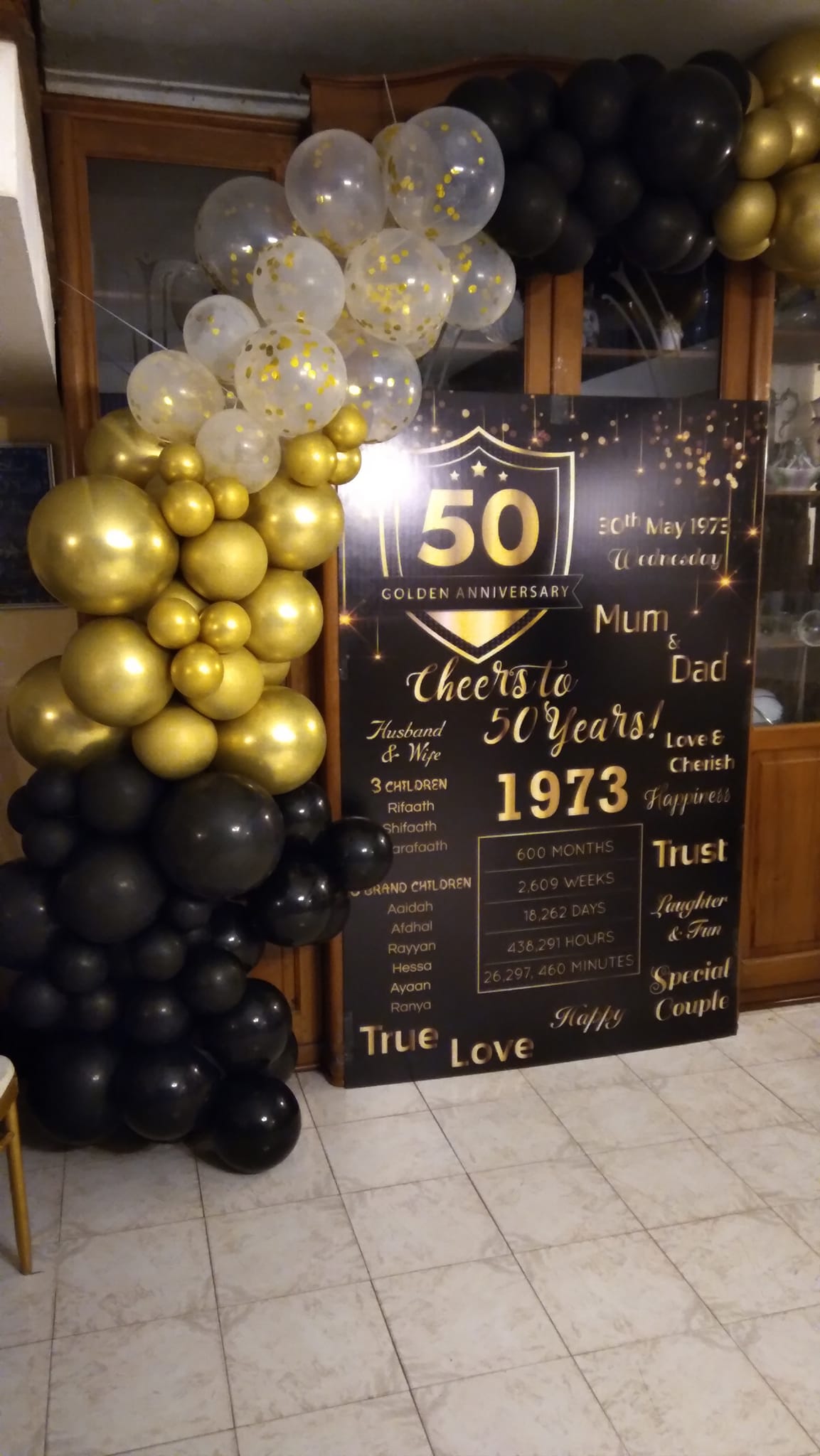 Stylish 50th birthday backdrop with balloons and lights